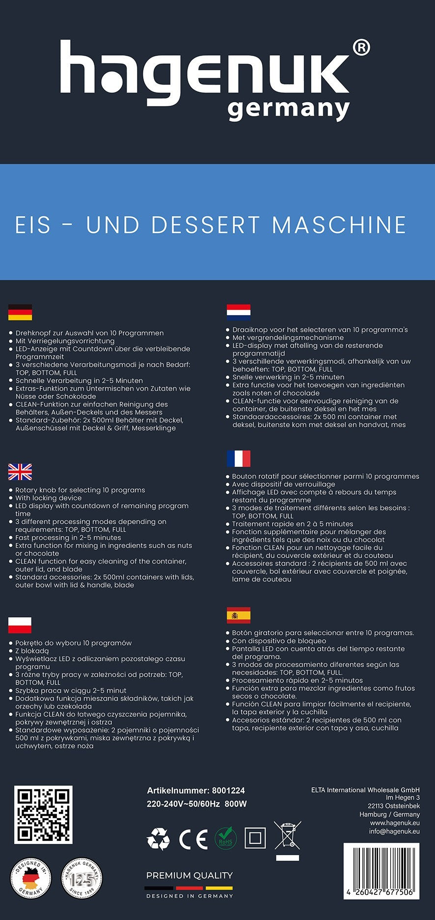 Hagenuk Eiscreme & Dessertmaschine ICM-500.05LB 800W