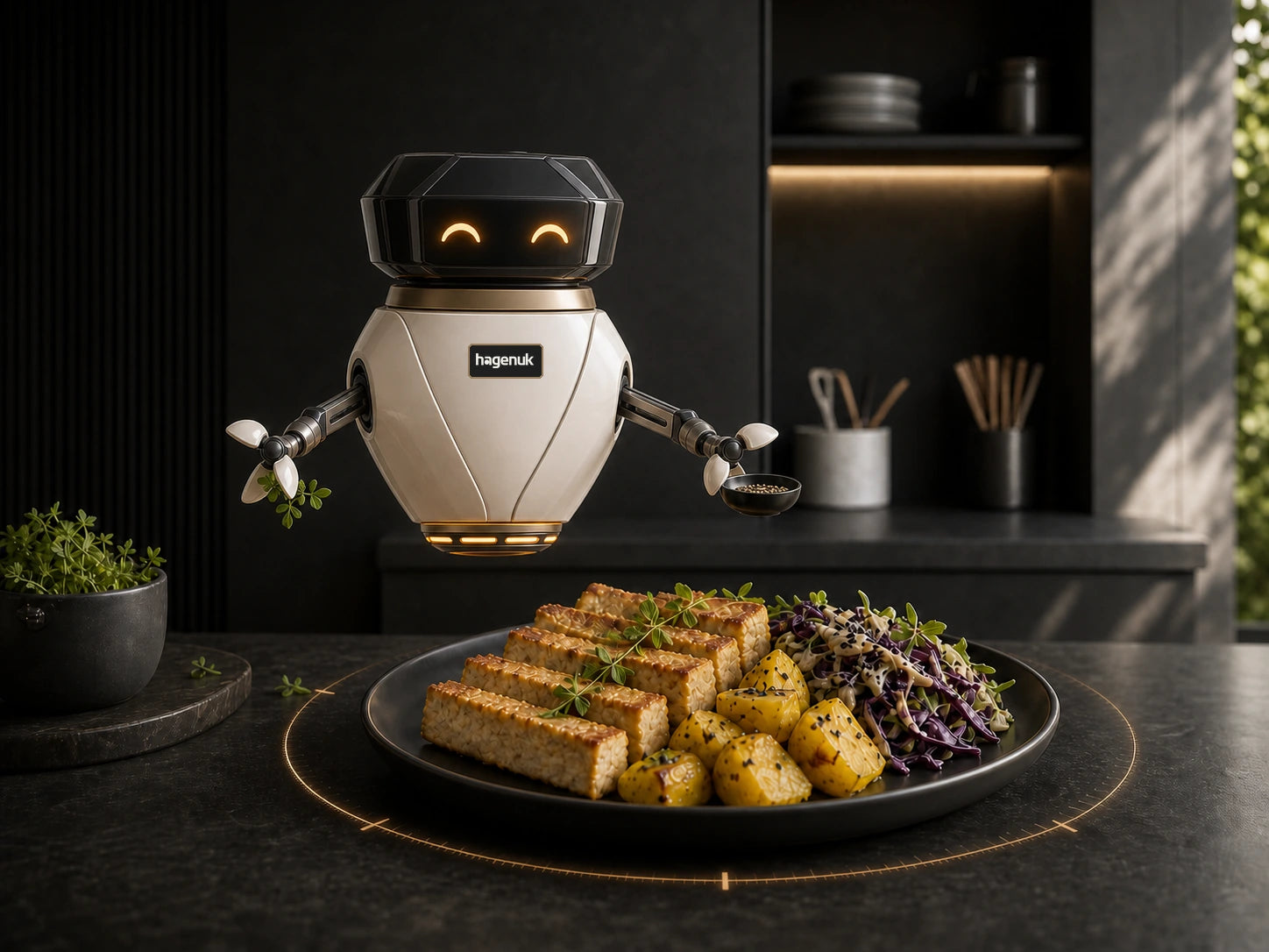 Hagenuk Küchenassistent richtet Tofu-Katsu mit Sesam-Kohl und Curry-Kartoffeln an